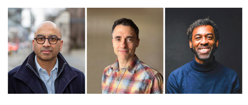 Photograph of award-winning authors Professor Randy Boyagoda, Professor Robert McGill, and Professor Ian Williams