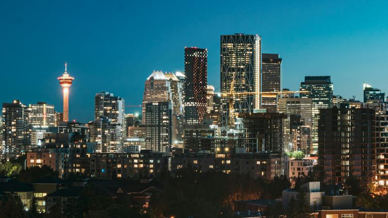 Evening skyline of Calgary buildings.