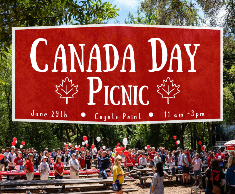 Text reads: Canada Day Picnic-June 29th-Coyote Point- 11 am - 3 pm. Background image of people gathered in park with red and white balloons.