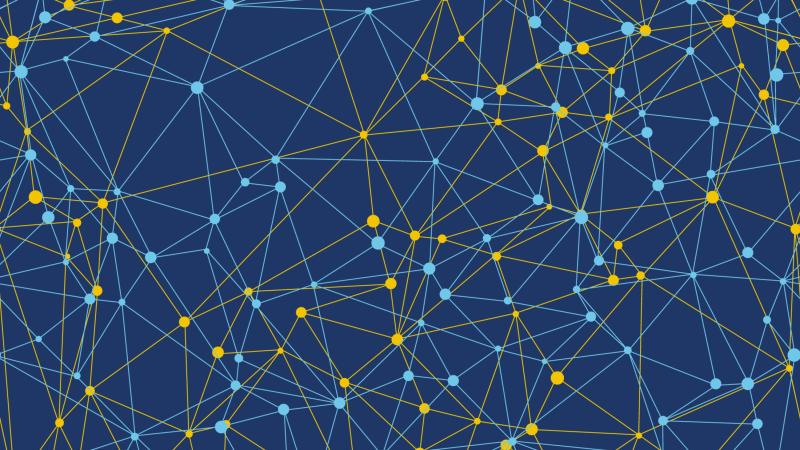 Abstract network illustration featuring interconnected yellow and light blue nodes linked by lines on a dark blue background, symbolizing data, communication, or digital connections.