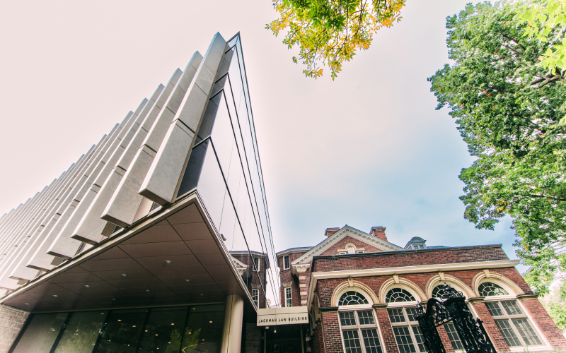 Photo of the front of Jackman Law and Flavelle House looking up towards the sky