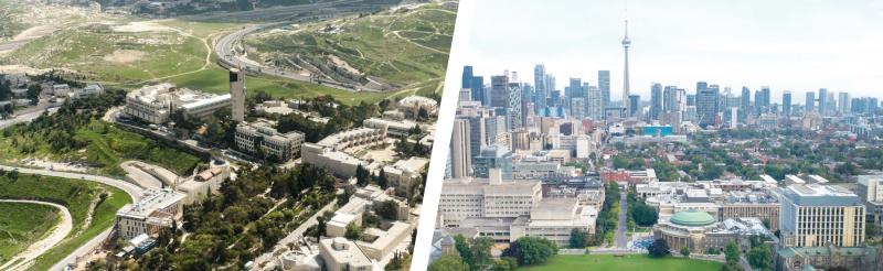 Aerial photo of Hebrew University of Jerusalem campus beside aerial photo of University of Toronto campus.