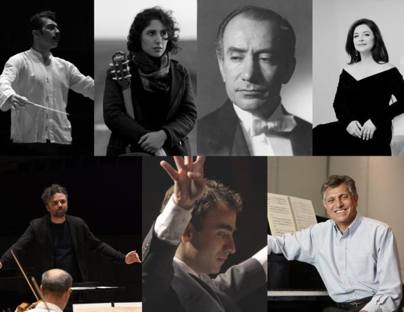 Collage of pictures of the musicians and composers involved in the Iranian Music Concert