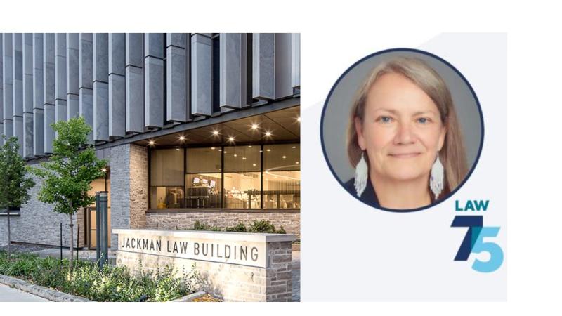 Image of U of T Law Building and portrait photo of speaker
