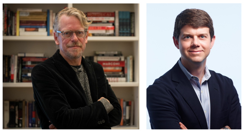 Image of Professor Lucan Way wearing glasses standing against a bookshelf and John Sides posing against a light plain background.