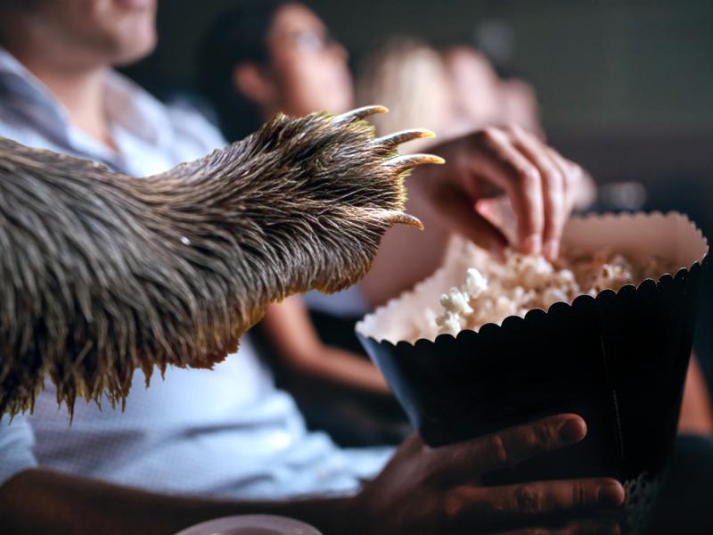 A furry paw sneaks popcorn at the movies.
