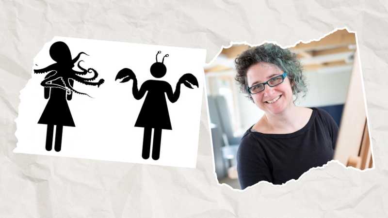 Image of Kaethe Wenzal next to images of humaniod pictograms from her workshops.