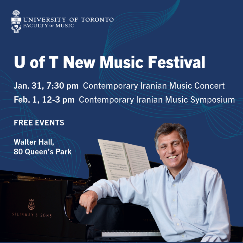 Written details about Iranian Music Concert and Symposium, composer Reza Vali sitting at piano