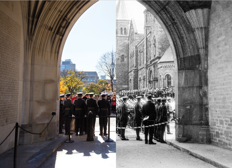 Half photo of soldiers present day, and half of soldiers in black and white.