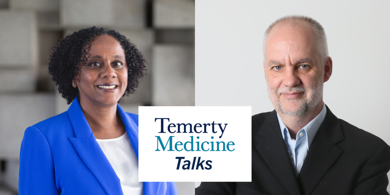 Temerty Medicine dean Lisa Robinson and the Globe and Mail's Andre Picard smile into the camera