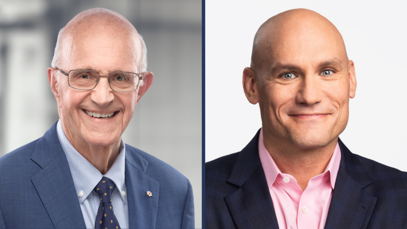 Photograph (left) of Professor and Dean Emeritus the Honourable Frank Iacobucci and (right) U of T Law Professor and Osler Chair in Business Law, Benjamin Alarie (JD MA 2002).