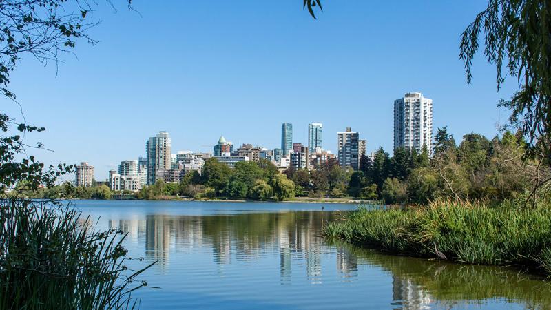 Vancouver skyline across the water in springtime