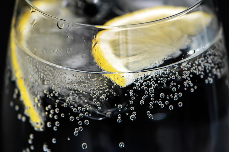 Glass of fizzy water with lemon slices