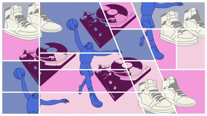 basketball player jumping, basketball shoes, dj turntables