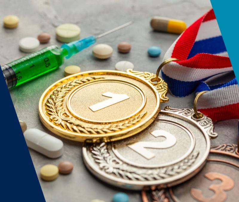Image of an injection, pills and gold, silver and bronze medals