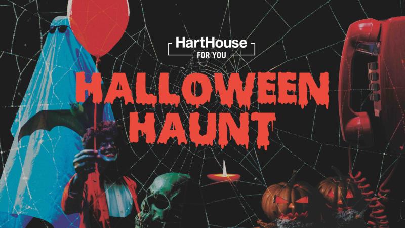 Poster with spiderweb, pumpkin, ghost, skull with Halloween Hunt written in the middle.