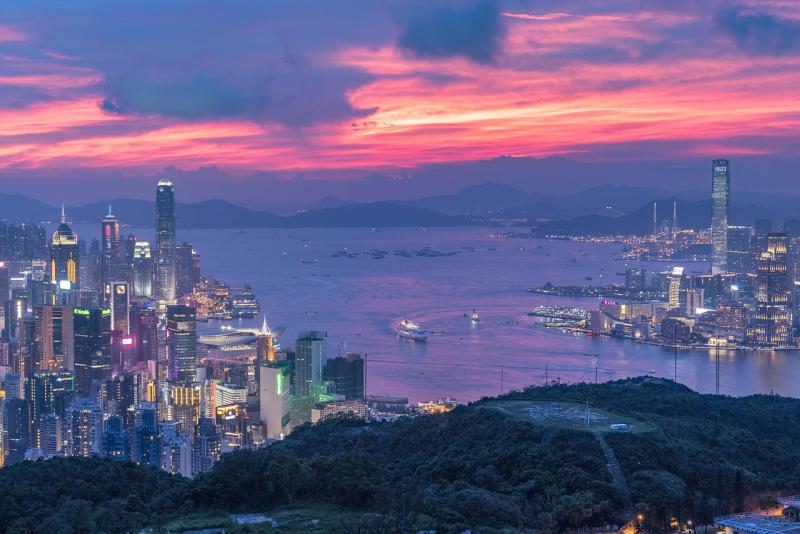 Hong Kong skyline at sunset.