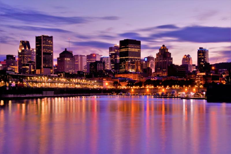 The Montreal skyline at sunset.