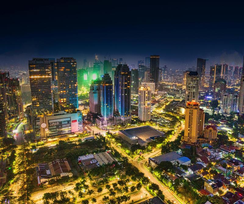 Aerial View of High-Rise Buildings in Jakarta at Night