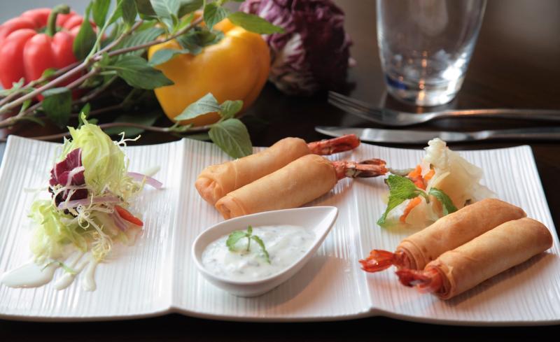 Plated spring rolls and dipping sauce