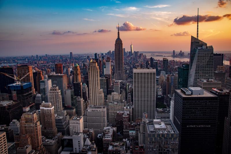 Manhattan skyline at sunset.