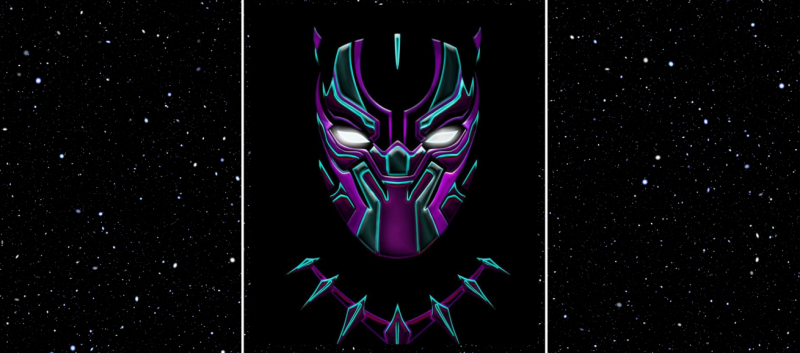 Black panther mask with purple and blue strips against a star filled black background