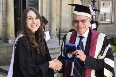 Olivia Rennie is congratulated by U of T Scarborough Principal Bruce Kidd for her Governor General's Silver Medal (photo by Ken Jones)
