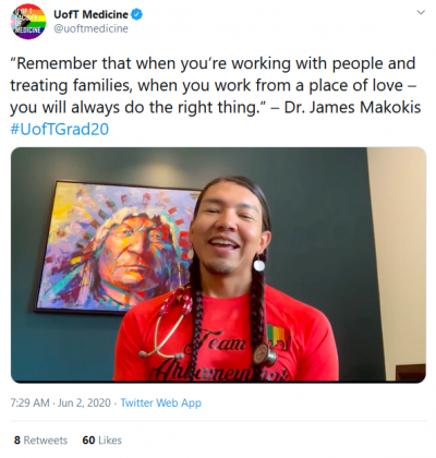 A screenshot of James Makokis' Twitter post reminding MD graduates to "work from a place of love".
