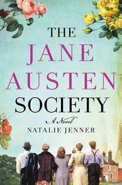 A book cover, with the title: The Jane Austen Society. The picture shows 5 people arm-in-arm looking at an old brick house.