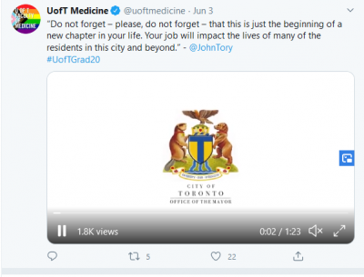 Screenshot of John Tory's Twitter post telling graduates "your job will impact the lives of many".