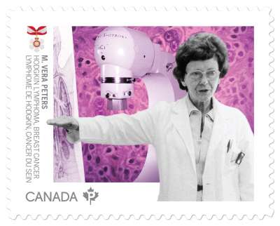 A Canada Post stamp portrays Vera Peters gesturing in front of a radiation machine.