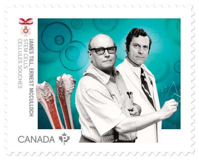 A Canada Post stamp portrays James Till and Ernest McCulloch with a cross-section of a bone.