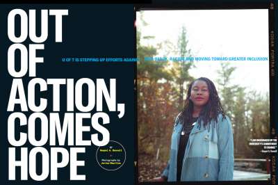 In a spread from University of Toronto Magazine, a picture of Raquel Russell in a part appears next to the words: out of action comes hope.