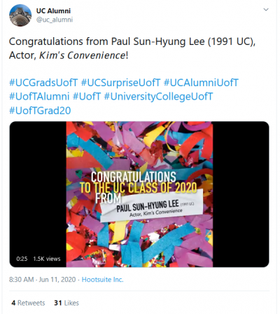 A screenshot of a Twitter message to graduates reading "Congratulations from Paul Sun-Hyung Lee!"