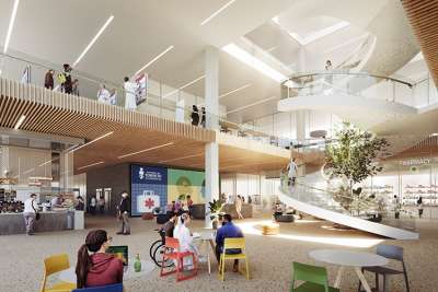 An artist's illustration shows people chatting and meeting in an atrium with colourful furniture and a spiral staircase.