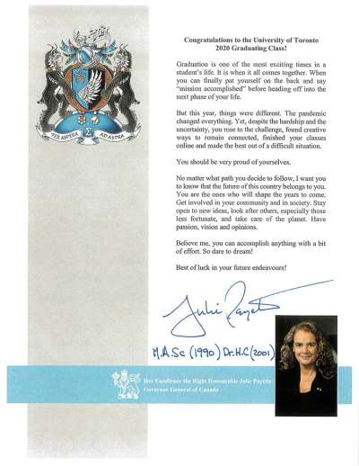 Screenshot of Julie Payette's letter to graduates, telling them to "Dare to dream!"