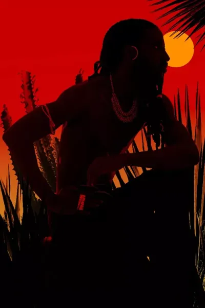 A silhouette against a red sky