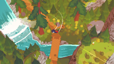 A bird soars over a forest landscape bisected by a waterfall, river and wooden bridge.