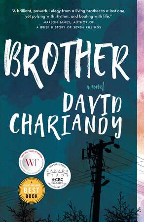 The cover of the book Brother. The picture shows a telephone pole with wires meeting at the top against a night sky.