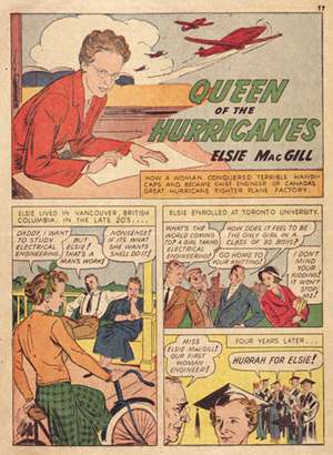 A page from a comic book telling the story of Elsie MacGill and titled: Queen of the Hurricanes