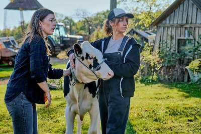Two people standing next to a cow.