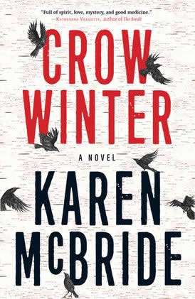 Black crows flap across a frozen field of snow on the cover of Crow Winter by Karen McBride