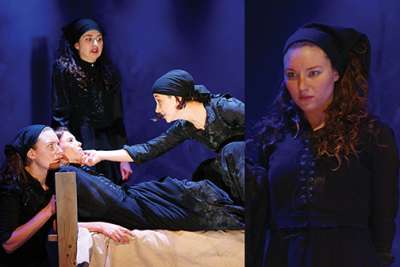 Two still shots from the play The Crucible. Joanna Decc looks anguished as people gather around a woman in bed.