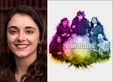 Composite image: Portrait of Ariana Ellis smiling, + the storytellers logo shows 5 people gathered round a pulsating mist.