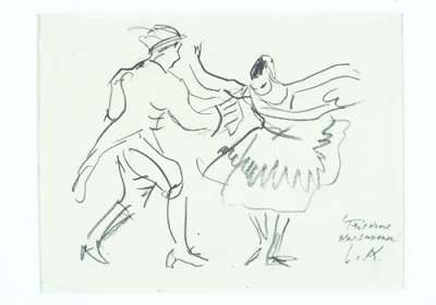 In a charcoal sketch, a woman in ballet dress curtseys as a man in a three-cornered hat holds up one hand.
