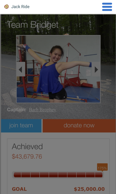 A screenshot shows Team Bridget raising $43,679 when the goal was $25,000.