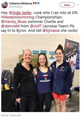Screenshot of a tweet from Catherline McKenna about meeting members of the Varsity Blues at the Ontario Masters Swimming Championships