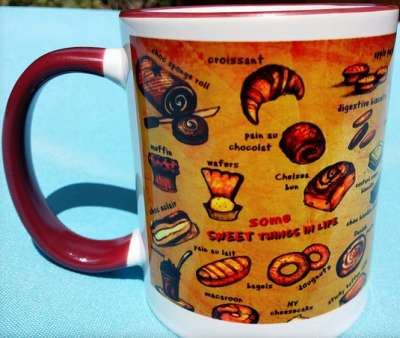 Mug covered with images of baked goods. Photo by Ade McOran-Campbell on Flickr