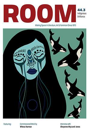 A Room magazine cover featuring an image of a woman crying next to four orcas.