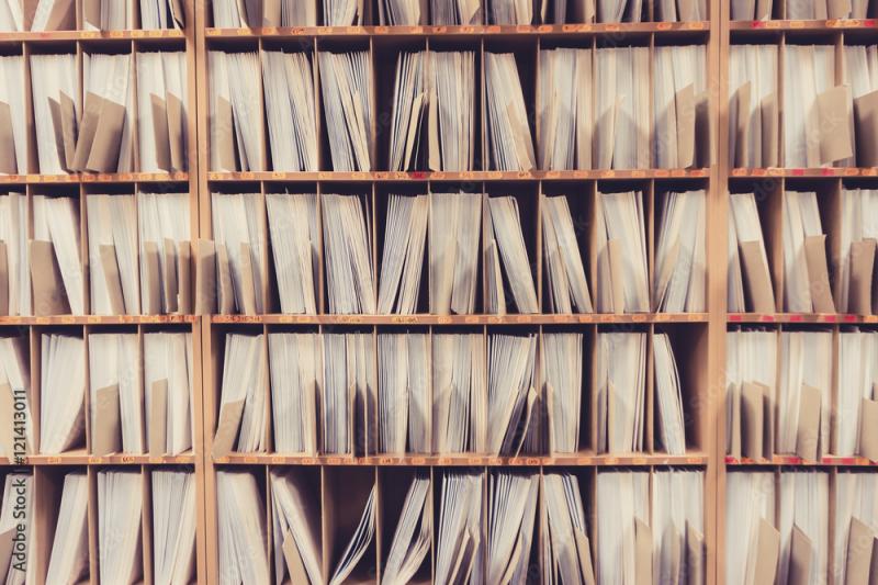 Bookshelves filled with file folders.